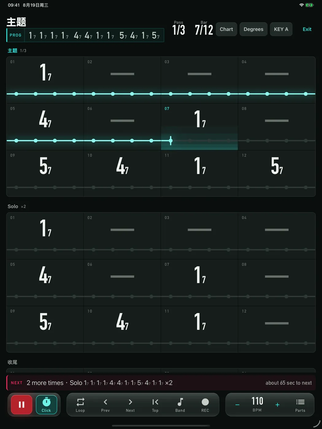 iPad rehearsal view: the whole song laid out like paper
