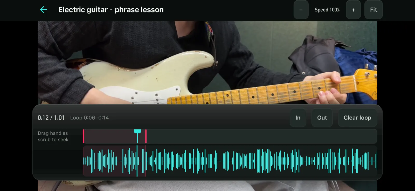 Video practice: full-screen picture with a time ruler and loop handles