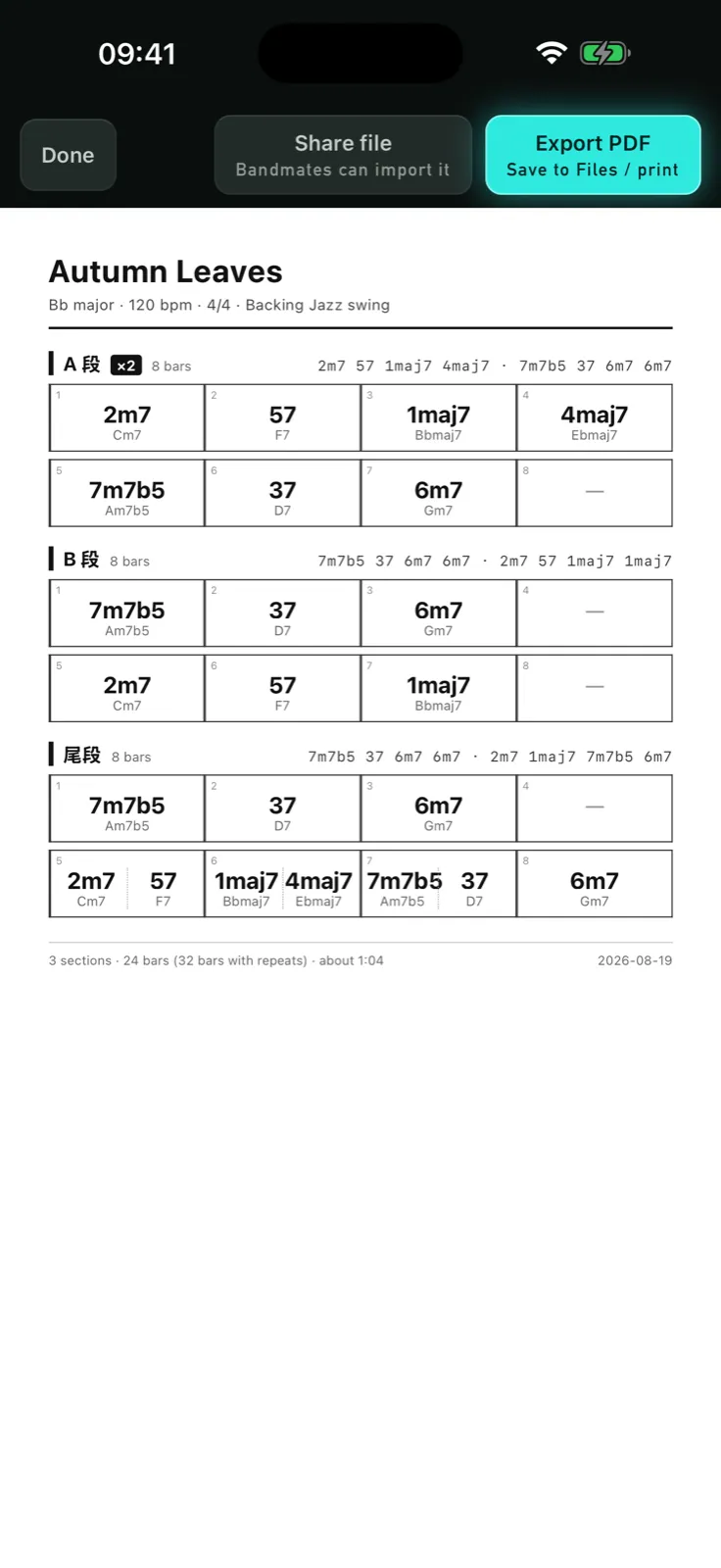 Full-song overview: sections and progressions on one page
