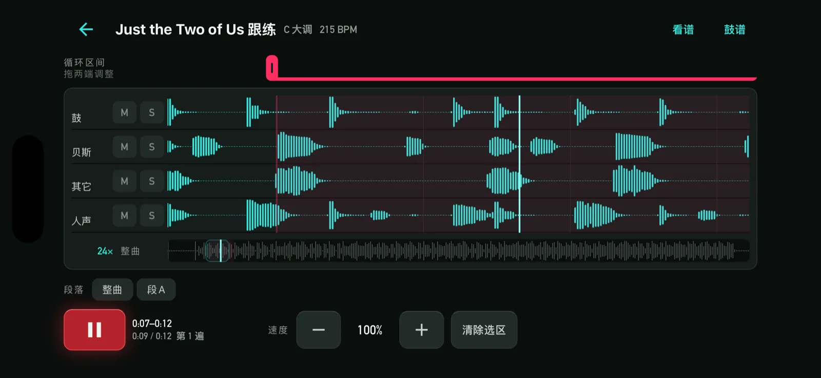 练琴详情页：四条分轨波形、时间标尺与循环区间